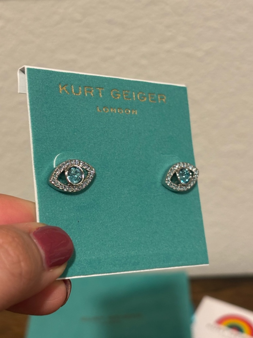 Kurt Geiger Teal Crystal Evil Eye Stud Earrings - Picture 3 of 5